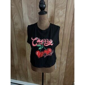 Hilinker Womens Cherry Sweetful Graphic Sleeveless Crop Top Tank Black Small NWT